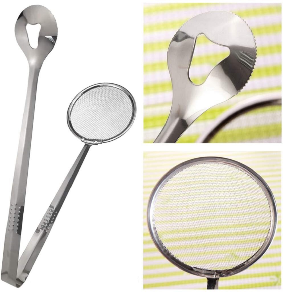 2-in-1 Stainless Steel Fine Mesh Strainer with Frying Clip – Multi-Functional Oil Filter Spoon & Food Tong